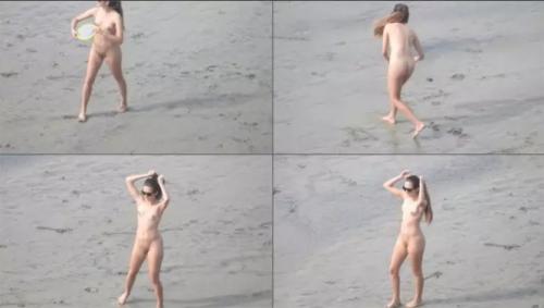 Muscular nudist girl plays frisbee on beach